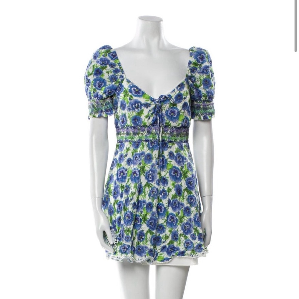 Alice + Olivia Blue & Green Floral Puff-Sleeve Mini Dress